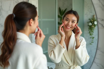 Jeune femme appliquant un serum dans sa routine matin
