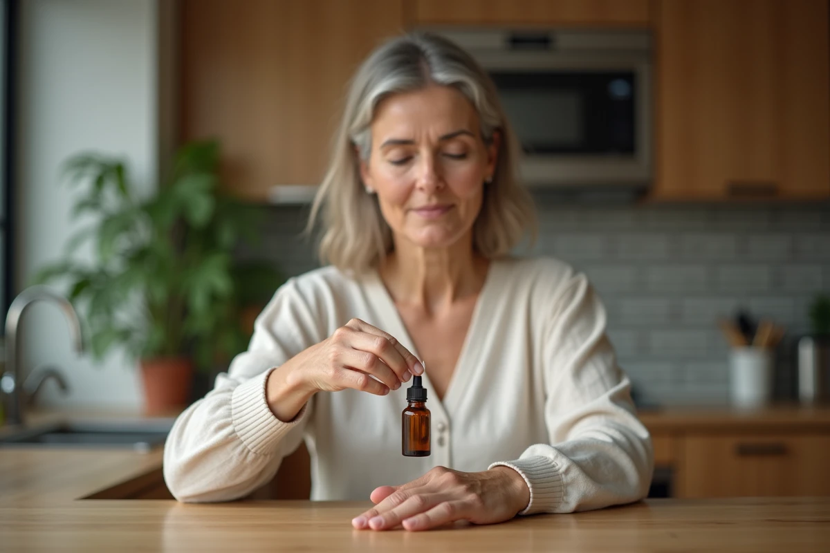 Femme appliquant de l'huile essentielle d'arbre à thé sur un ongle abîmé à domicile