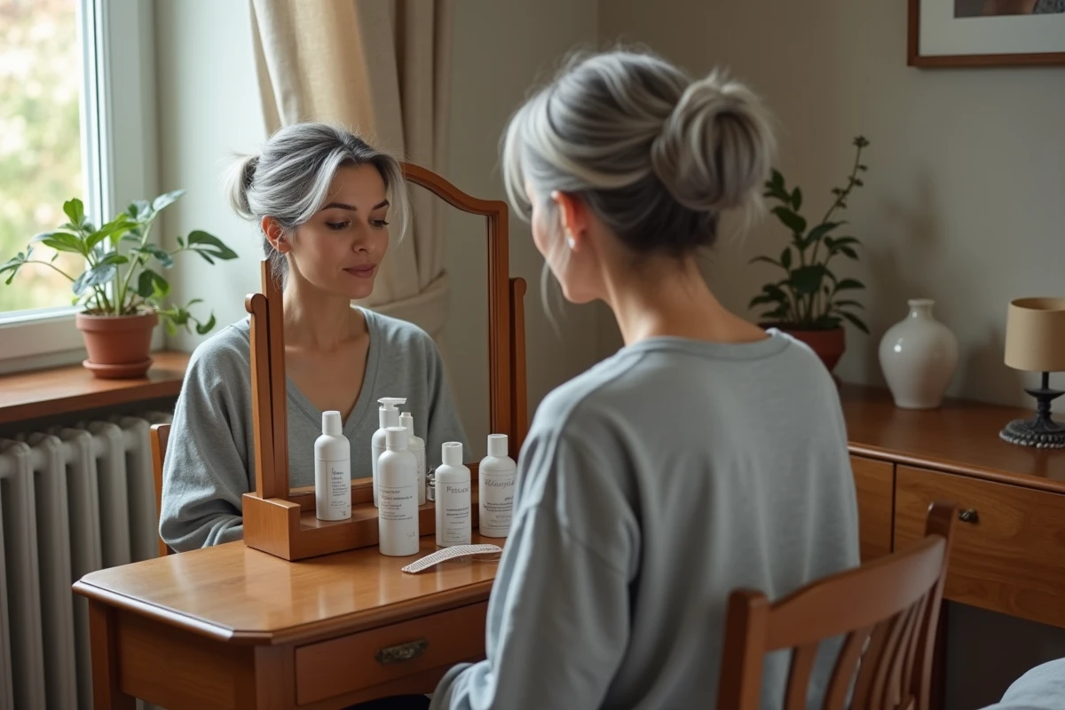 Femme aux cheveux gris et blancs examinant sa routine de soins capillaires devant un miroir de coiffeuse