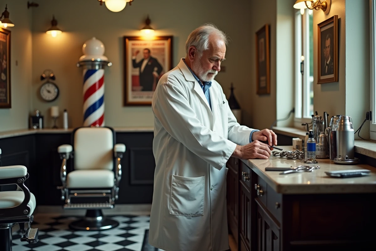 Intérieur classique d'un salon de coiffure traditionnel avec mobilier vintage, sol en damier et outils de barbier anciens