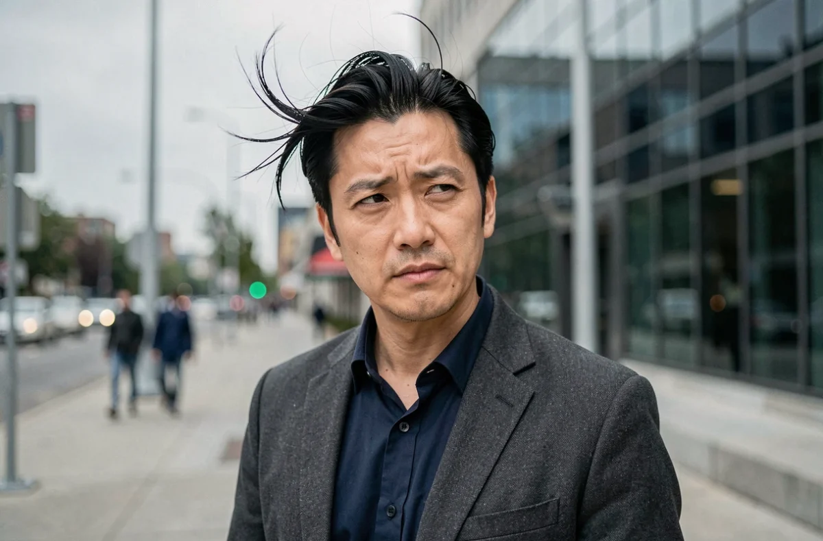 Slick back raté en extérieur dans un contexte urbain professionnel avec coiffure perturbée par le vent