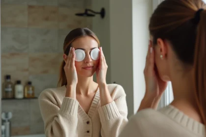 Femme appliquant des sachets de thé refroidis sous les yeux