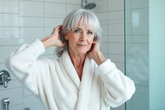Femme aux cheveux blancs appliquant un shampooing violet anti-jaunissement dans sa salle de bain