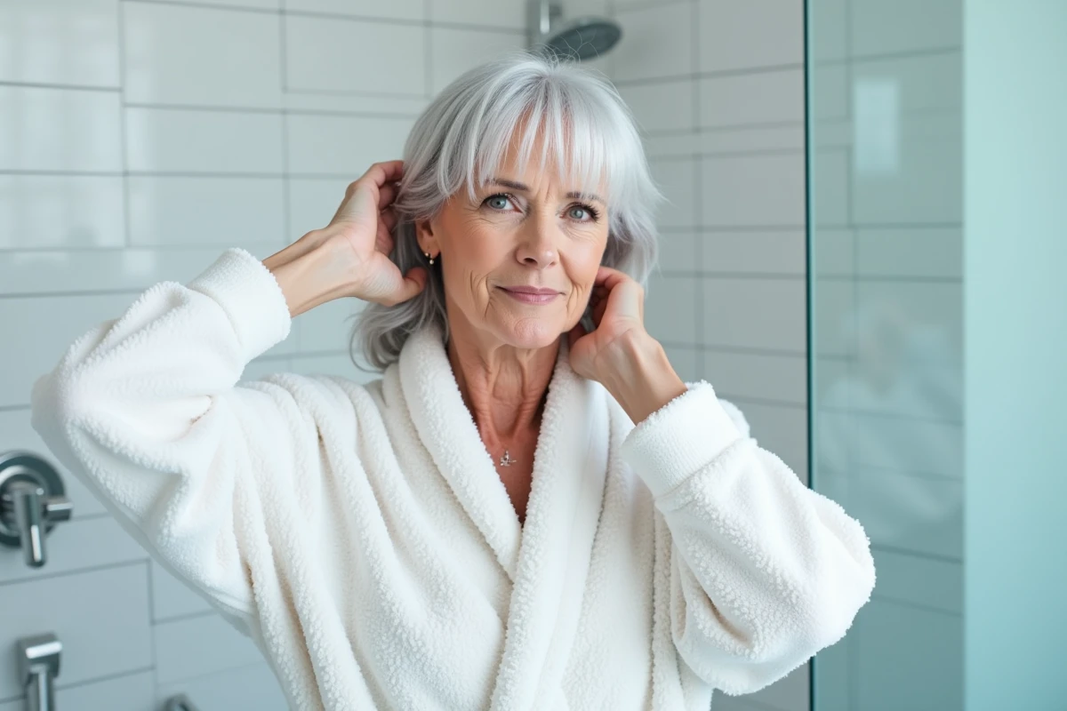Femme aux cheveux blancs appliquant un shampooing violet anti-jaunissement dans sa salle de bain
