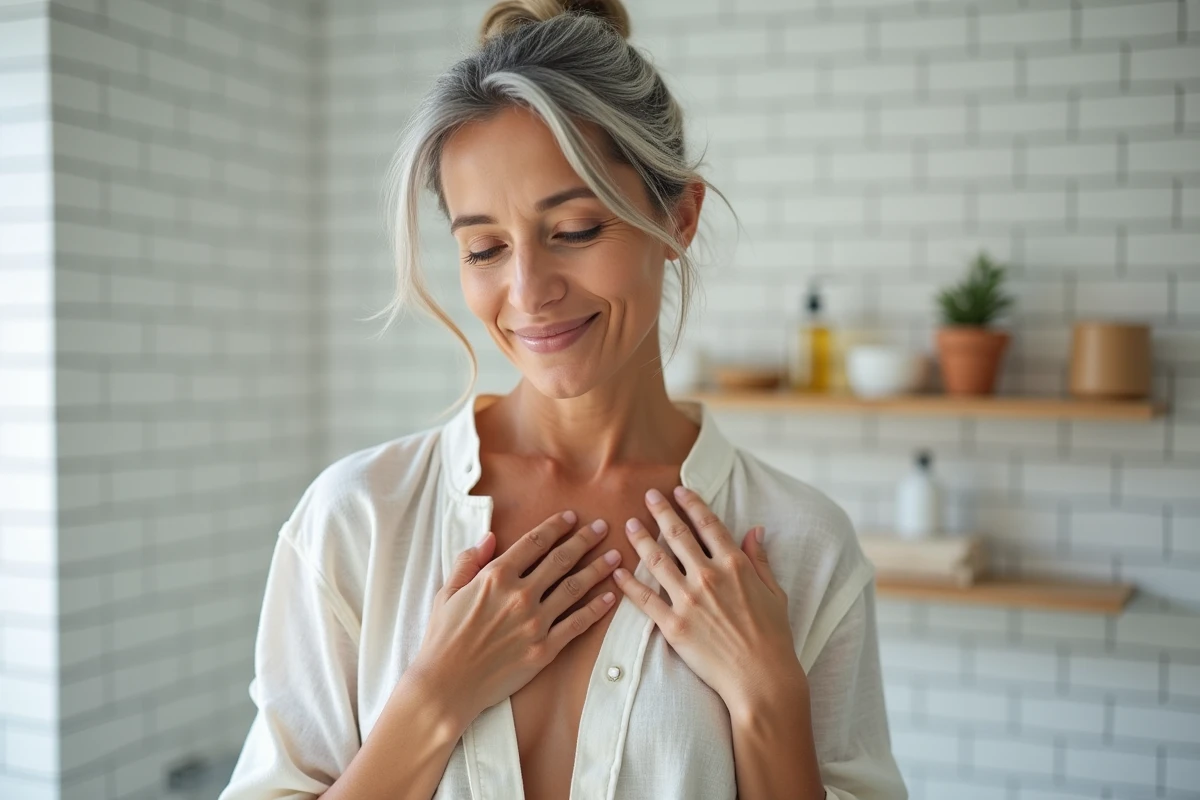 Femme appliquant une huile naturelle sur le décolleté dans une salle de bain épurée comme geste de soin quotidien