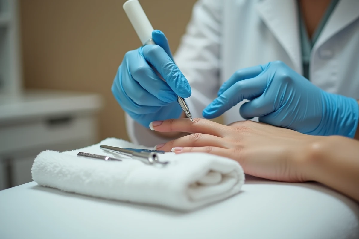 Technicienne en soins des ongles appliquant un traitement antiseptique sur un ongle vert en salon