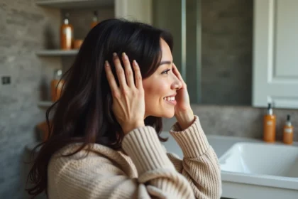 Femme appliquant un serum capillaire dans un cadre moderne