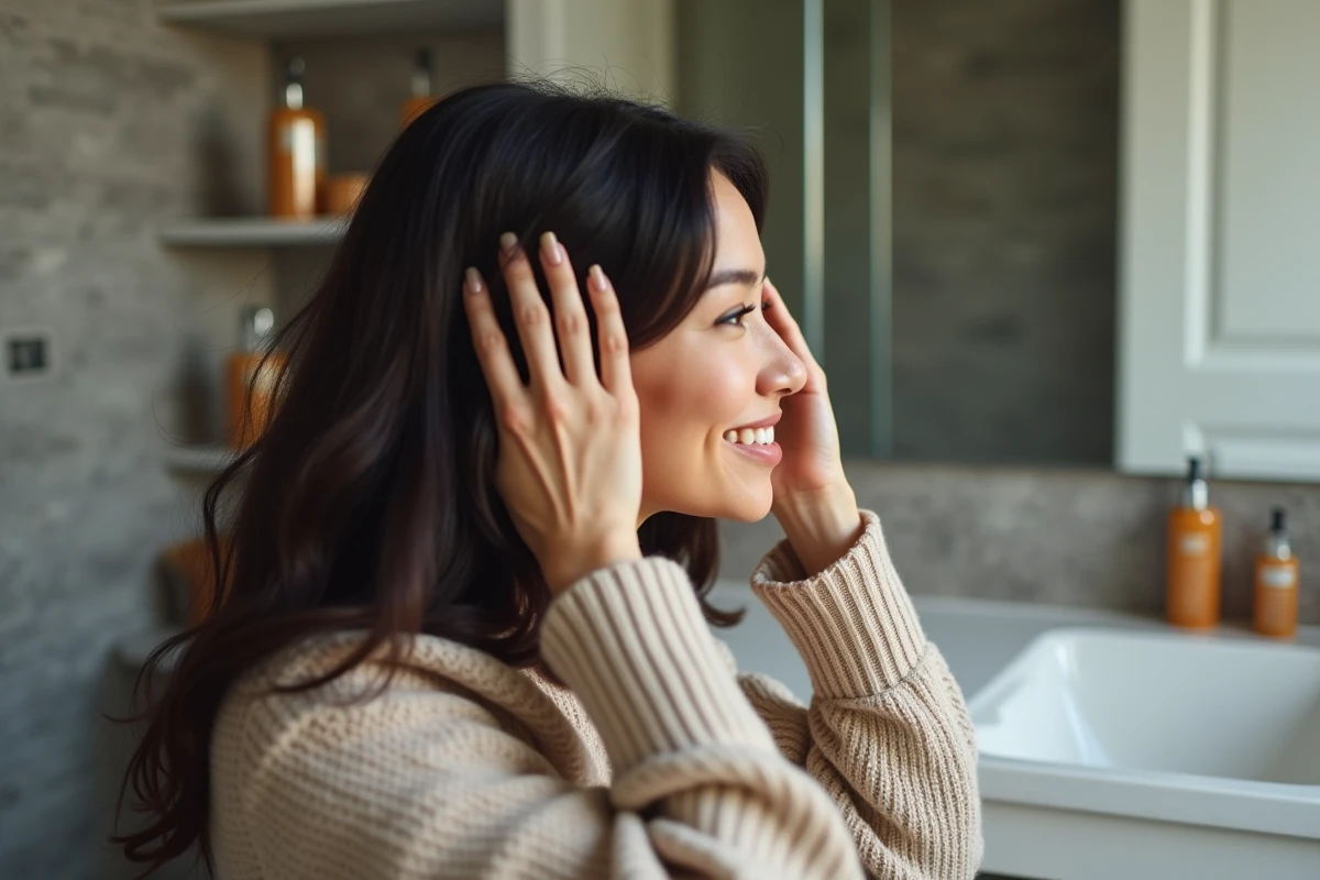 Femme appliquant un serum capillaire dans un cadre moderne