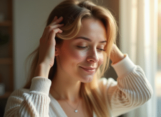 Tensions cuir chevelu : origines et solutions efficaces Jeune femme massant son cuir chevelu dans un cadre naturel