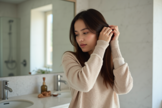 Femme appliquant un masque capillaire dans une salle de bain moderne