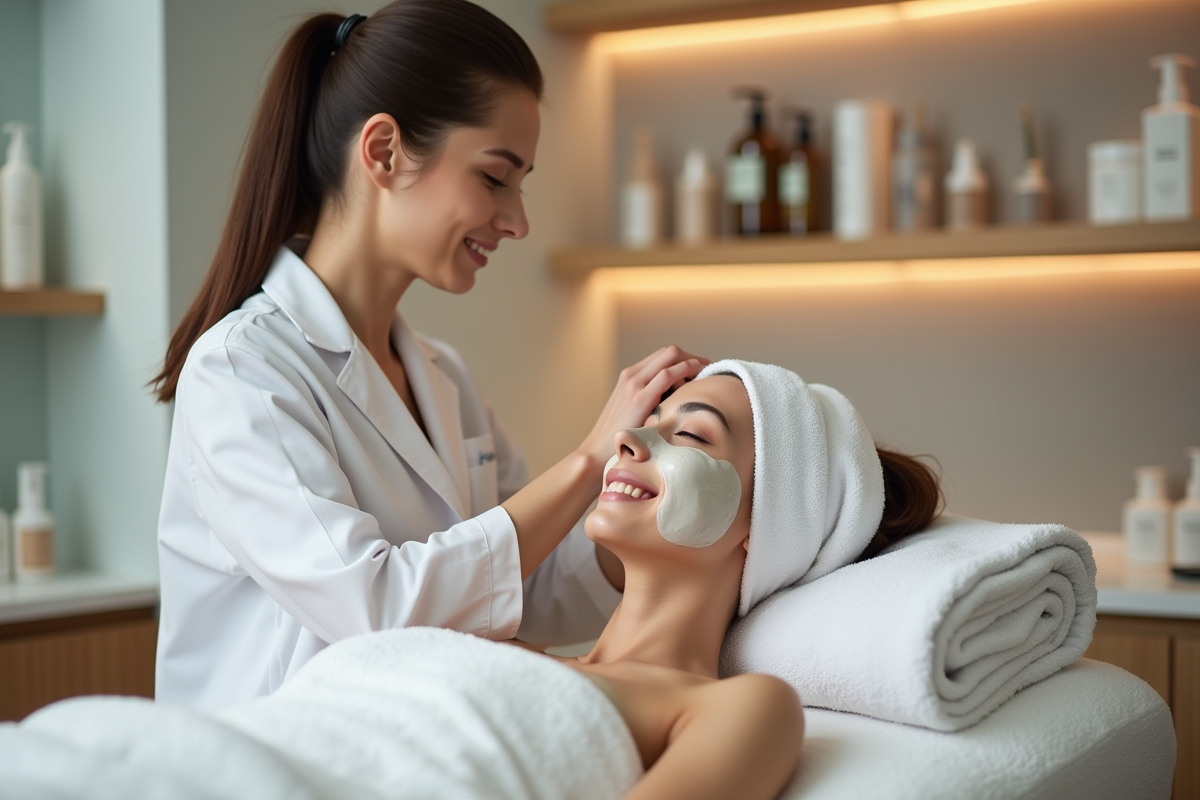 Estheticienne appliquant un masque facial à une cliente souriante
