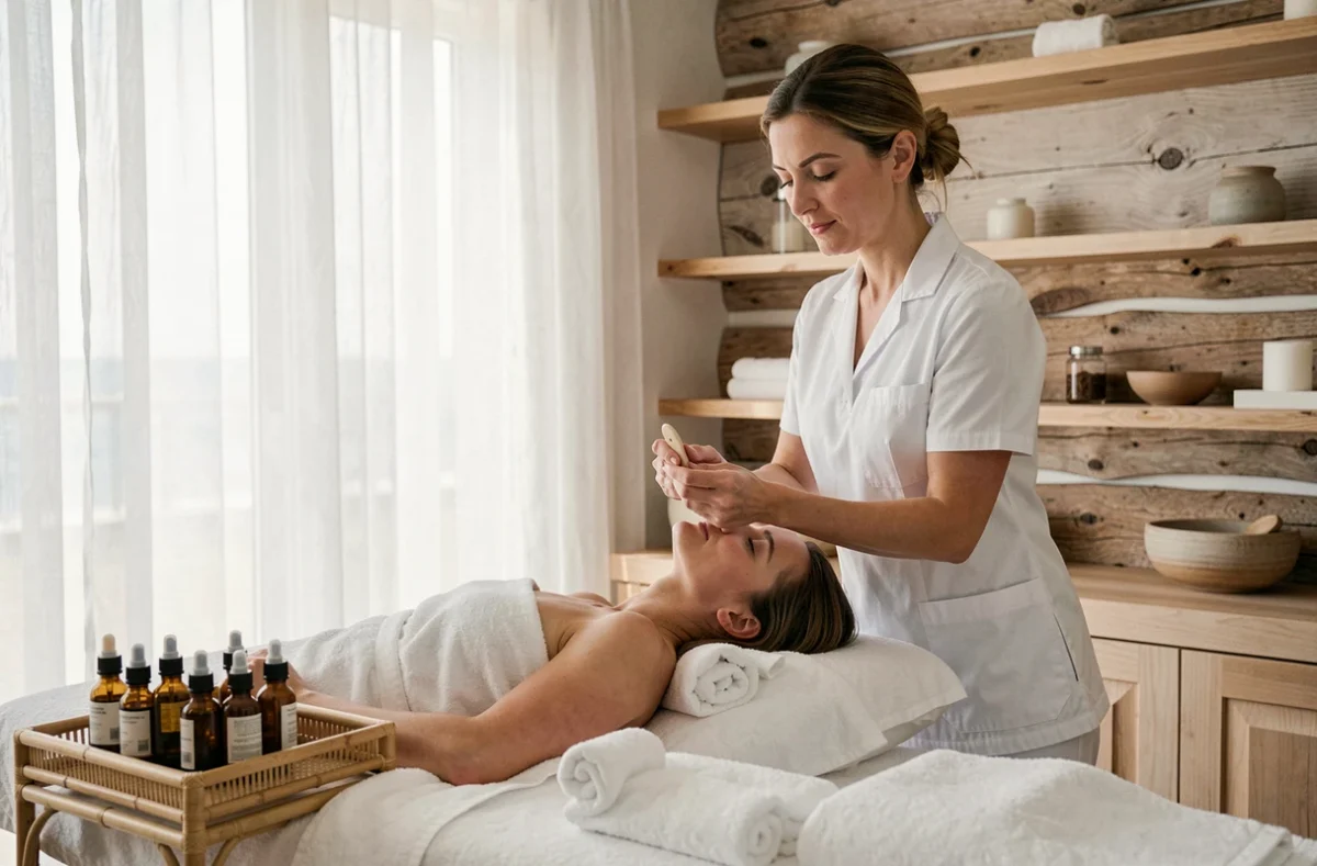 Esthéticienne appliquant un soin du visage à une cliente dans le spa Omnisens aux Sables-d'Olonne