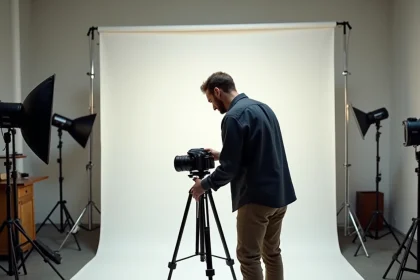 Photographe professionnel dans son studio parisien réglant son appareil photo sur trépied, ambiance minimaliste et élégante