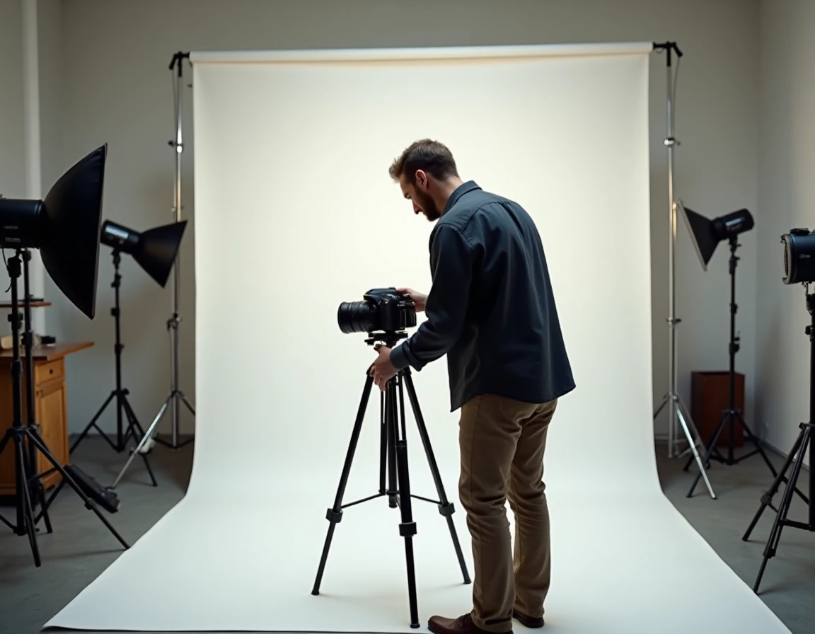 Photographe professionnel dans son studio parisien réglant son appareil photo sur trépied, ambiance minimaliste et élégante