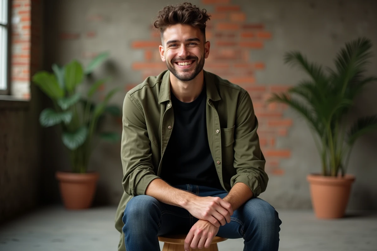 Jeune homme tendance avec une permanente garçon sur cheveux courts dans un studio au style industriel
