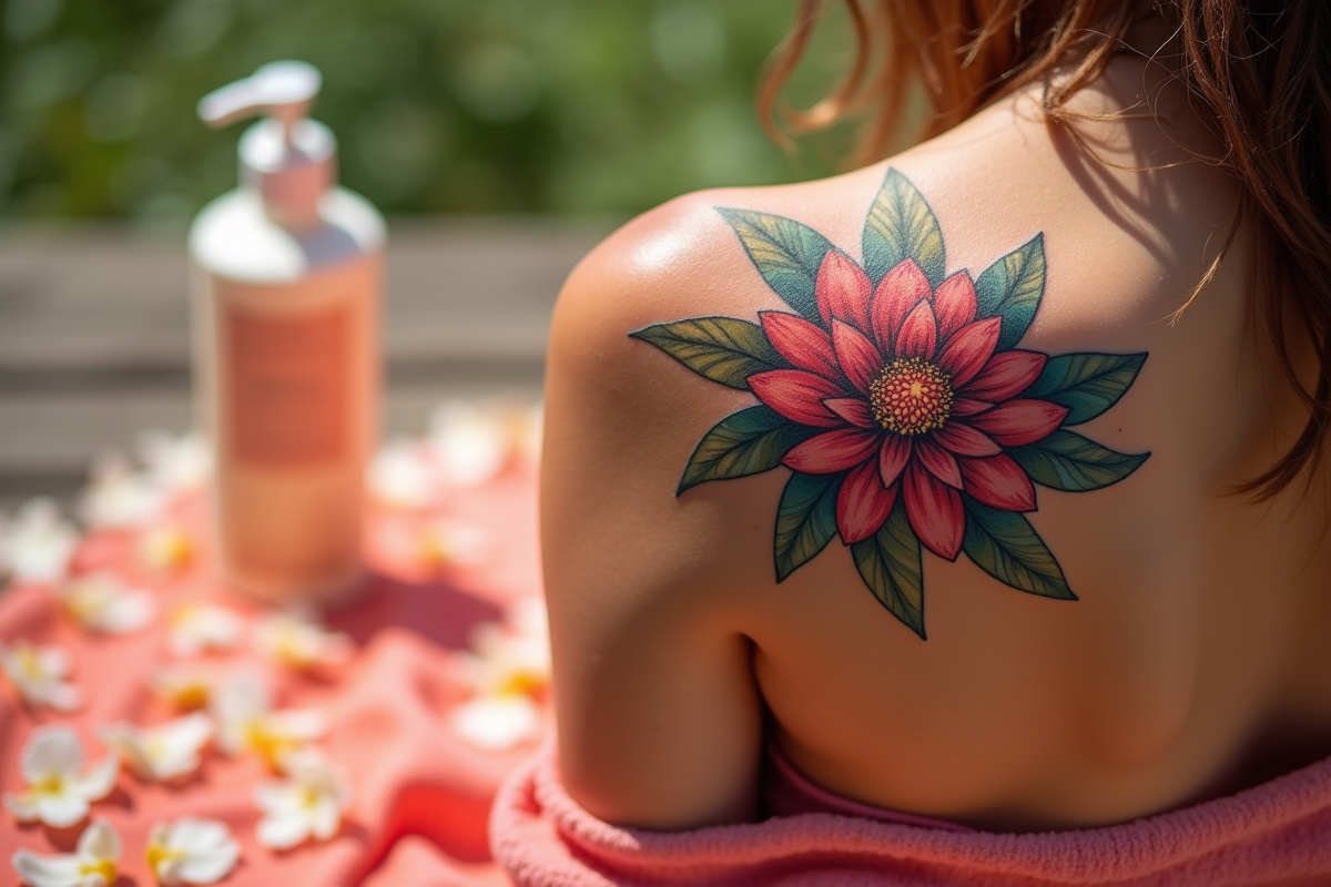 Tatouage floral sur épaule avec pétales et lotion en extérieur