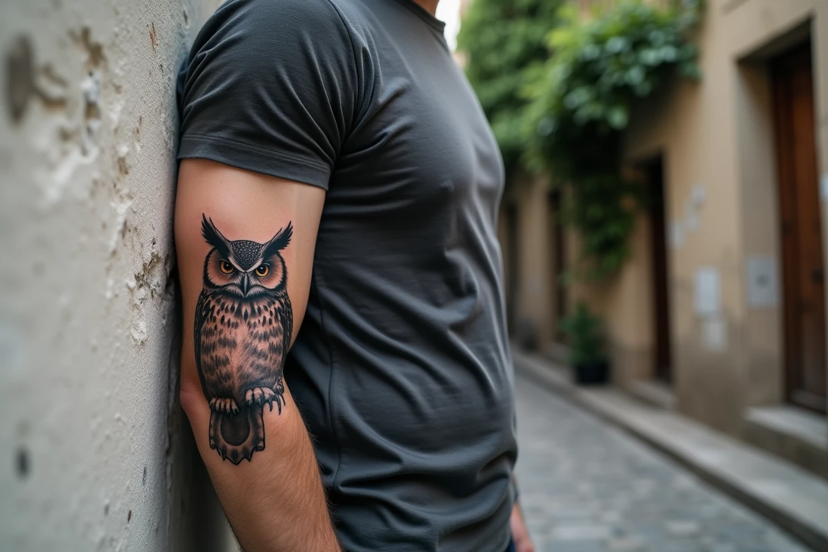 Homme montrant un tatouage hibou traditionnel sur l'avant-bras en extérieur, exemple de placement et de symbolisme du tatouage hibou