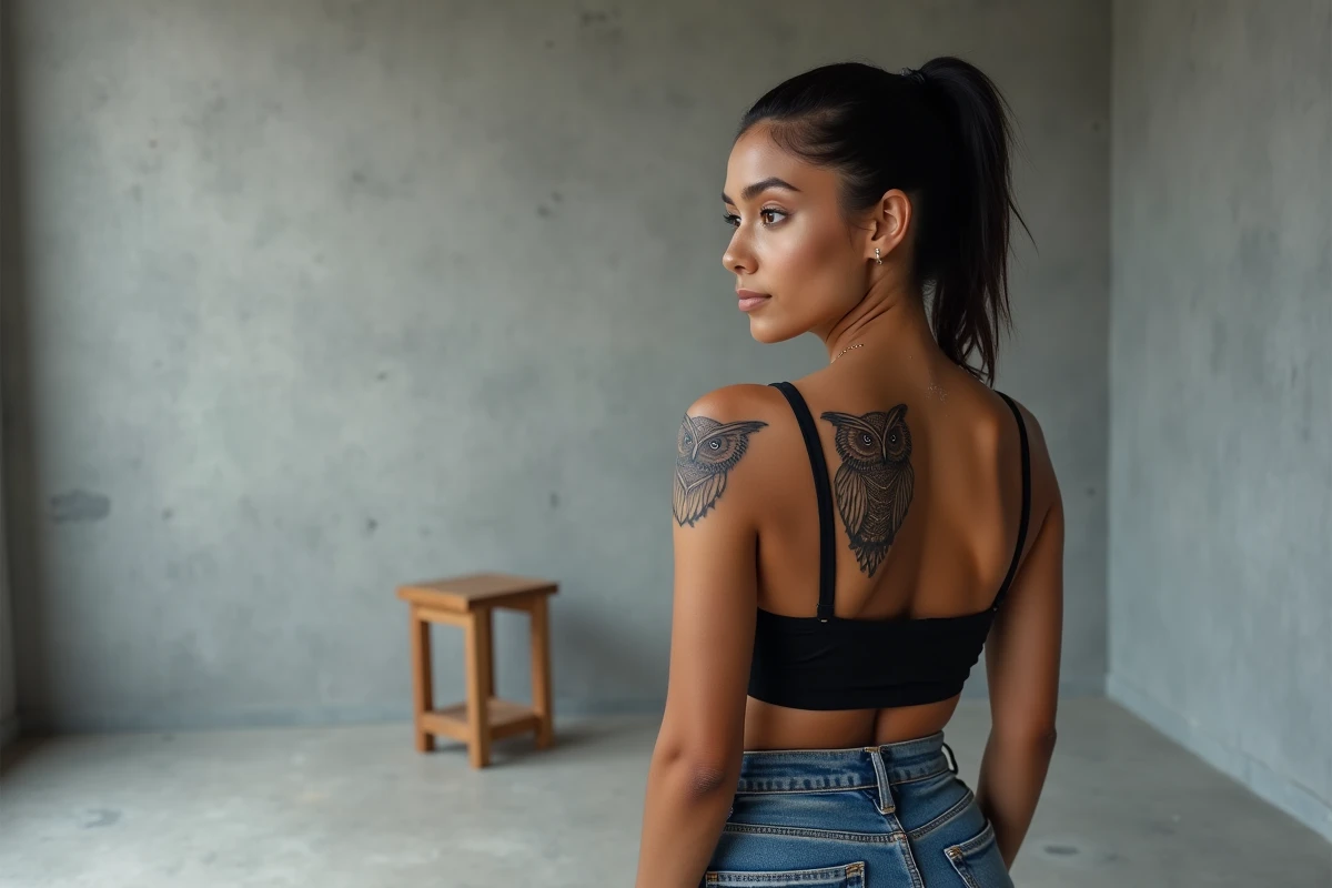 Femme de dos révélant un tatouage hibou en fin de ligne sur l'omoplate, illustrant le placement idéal d'un tatouage hibou dans le dos