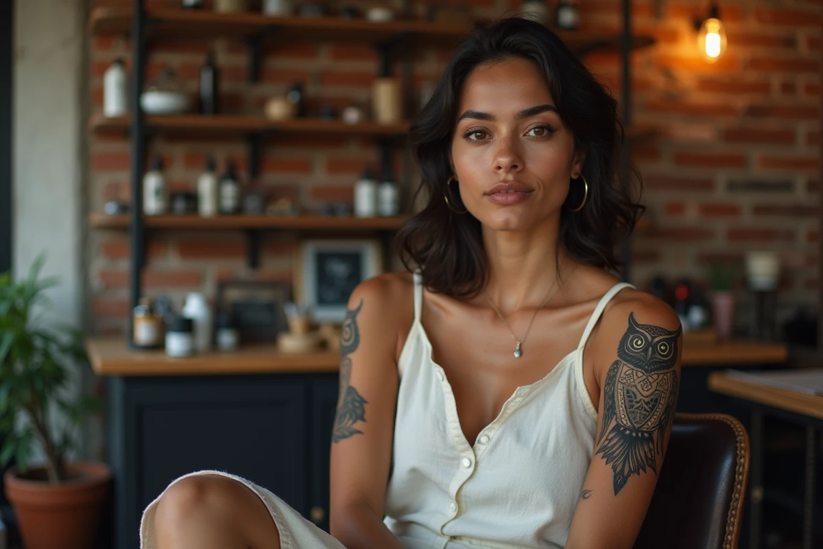 Femme avec un tatouage hibou détaillé sur le haut du bras, illustrant le placement et la signification de ce tatouage dans un studio de tatouage authentique