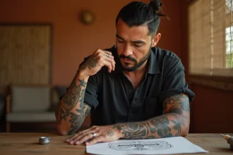Homme polynésien contemplant des motifs de tatouage traditionnels marquisiens sur son avant-bras, assis à une table en bois avec des esquisses de designs tattoo