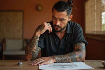 Homme polynésien contemplant des motifs de tatouage traditionnels marquisiens sur son avant-bras, assis à une table en bois avec des esquisses de designs tattoo