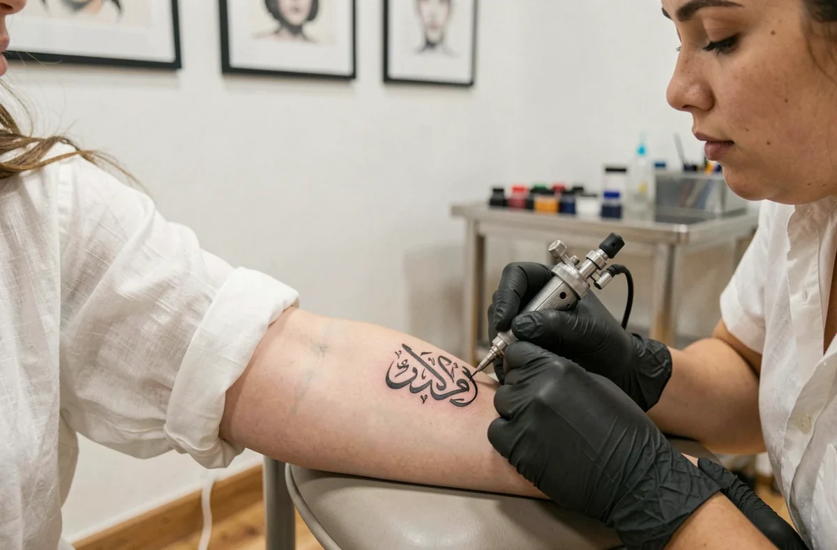 Tatouage de prénom en calligraphie arabe réalisé sur l'avant-bras d'une femme dans un studio de tatouage