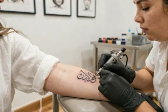 Tatouage de prénom en calligraphie arabe réalisé sur l'avant-bras d'une femme dans un studio de tatouage