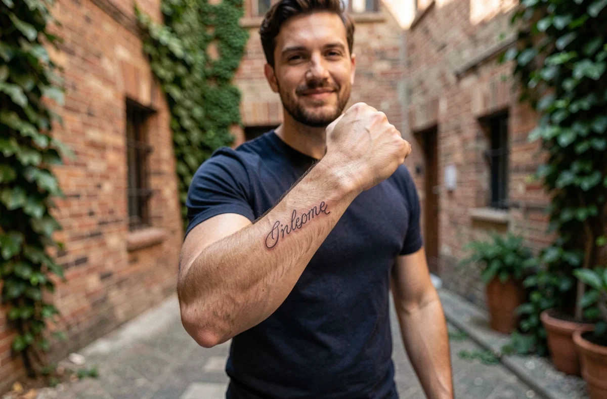 Homme montrant un tatouage de prénom en lettres latines sur le poignet en extérieur