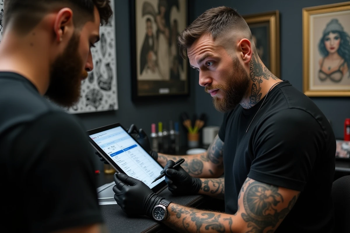 Tatoueur discutant avec un client en utilisant une tablette numérique
