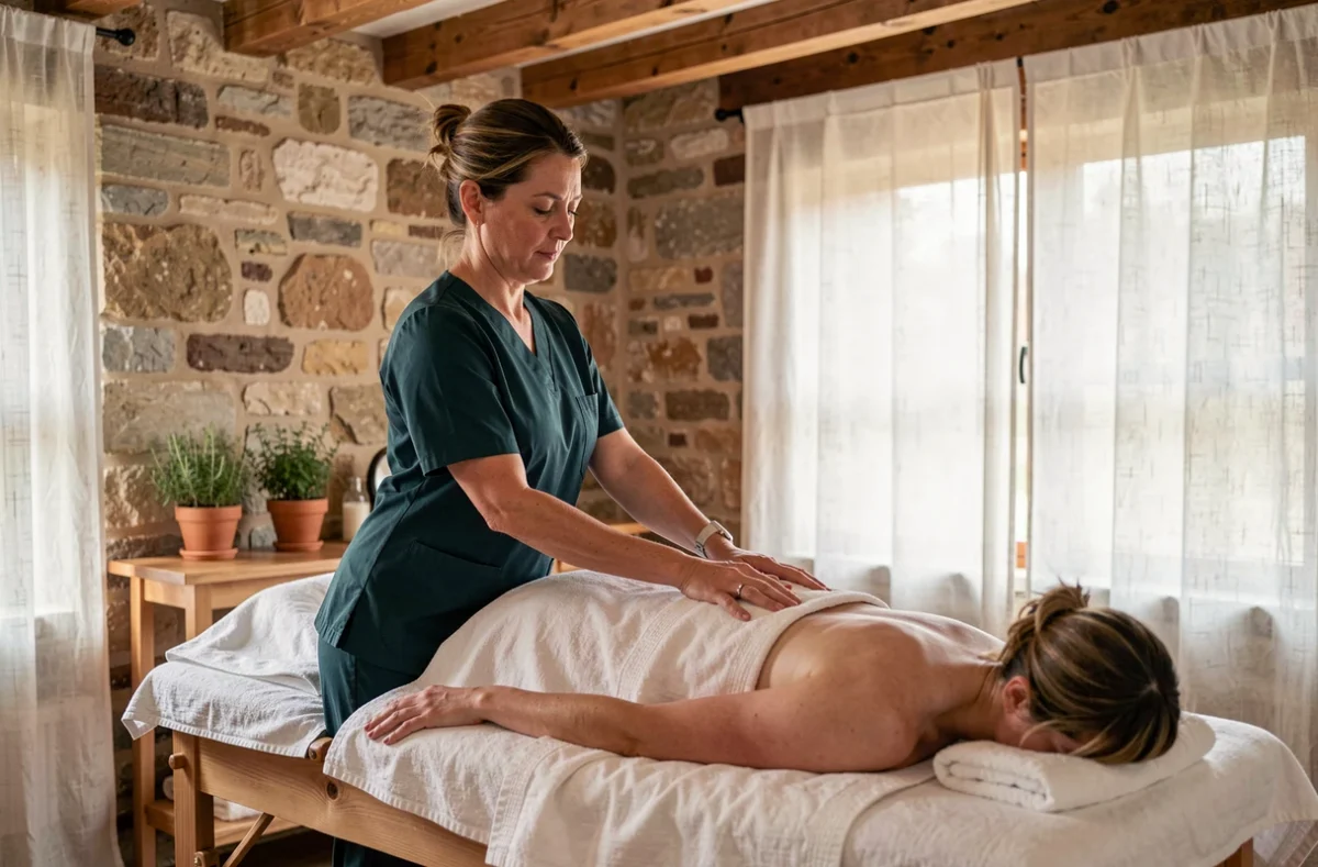 Thérapeute réalisant un massage relaxant sur une cliente dans l'institut Traditions du Bien Être à Angers