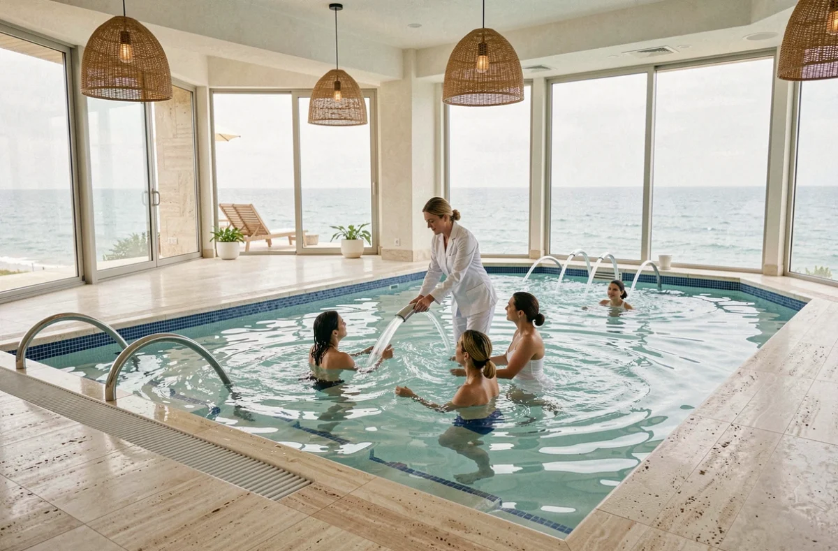 Professionnelle de bien-être guidant une cliente dans les soins thalasso du Valdys Resort à Pornichet