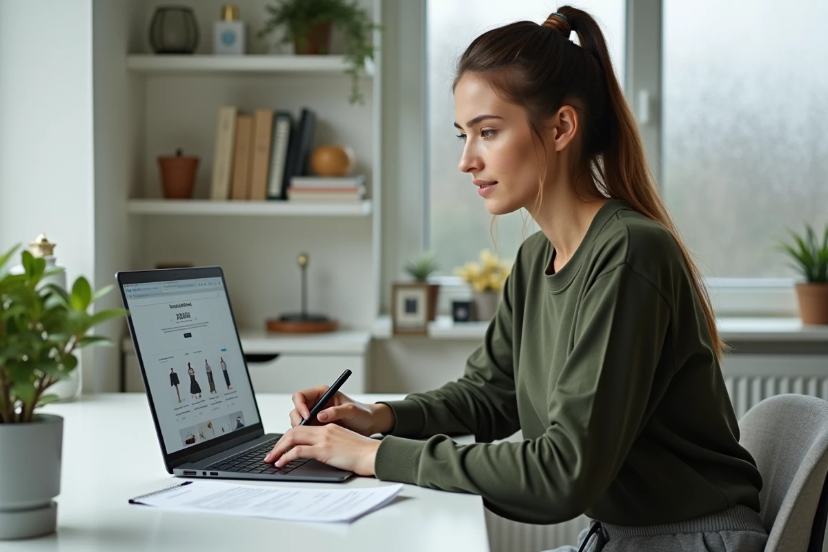 Femme vérifiant sa commande de calendrier de l'avent YesStyle sur un ordinateur portable avec une liste d'achats imprimée